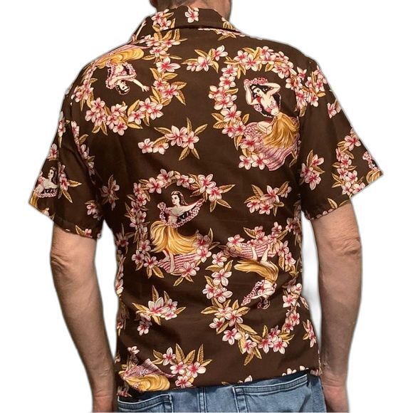 SUNDEK Sexy Hula Girls Surfing Shirt Brown Red Gold Mens Medium - Picture 4 of 14